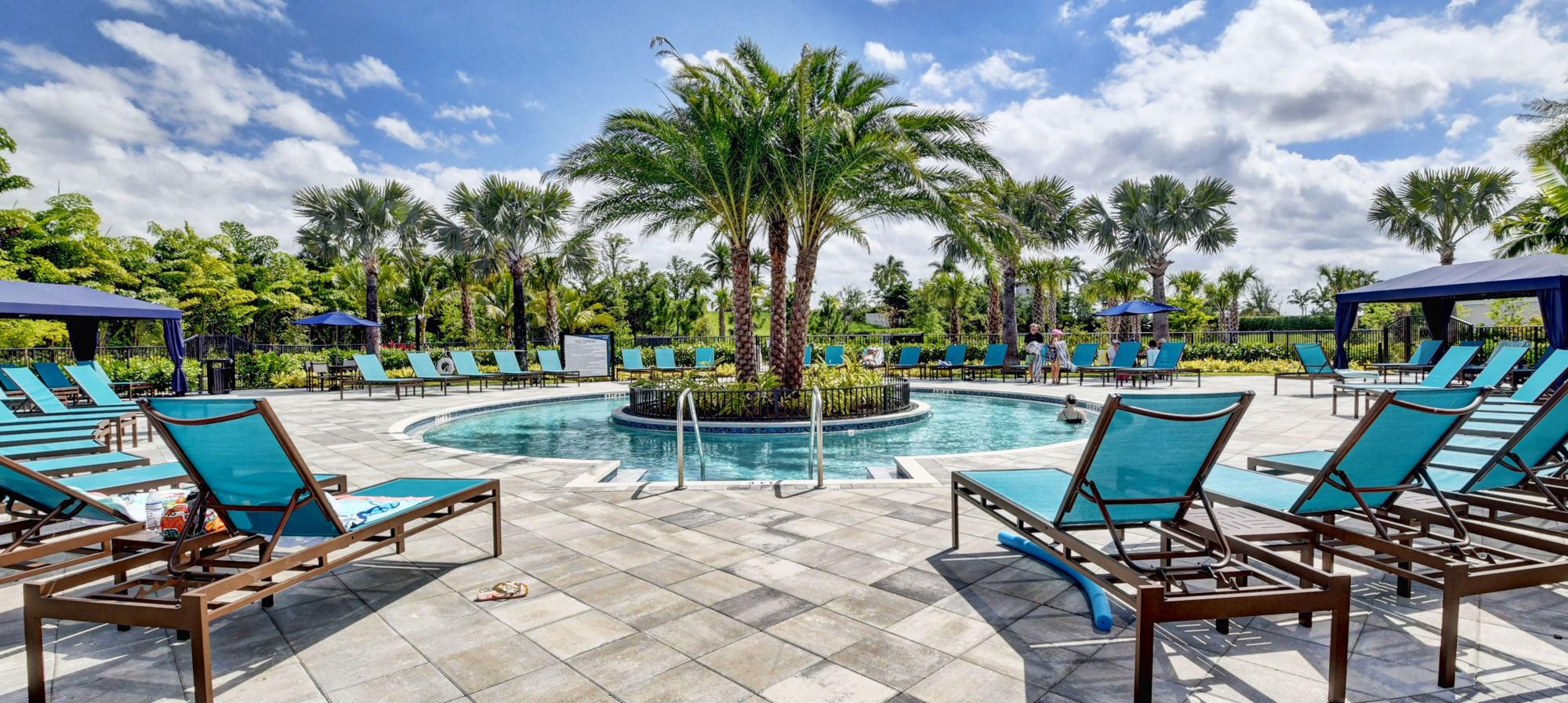 poolside lounging space with palm tree centrepiece